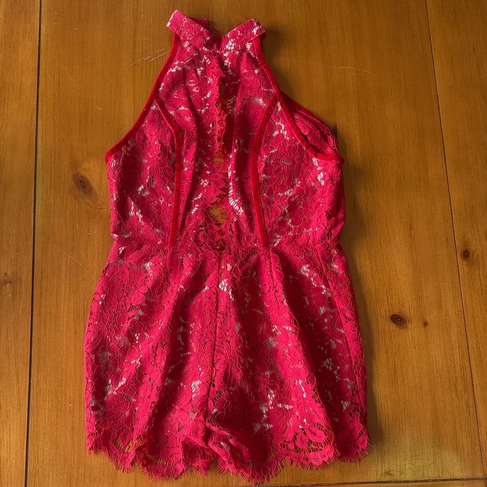 Red Lace Open Back Halter Romper